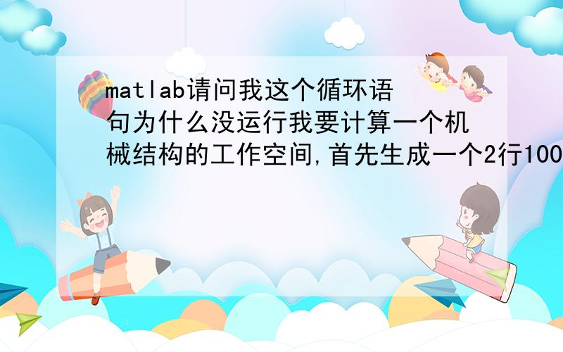 matlab请问我这个循环语句为什么没运行我要计算一个机械结构的工作空间,首先生成一个2行10000列的矩阵,矩阵的每一列代表一个位姿,然后把符合要求的位姿挑出来生成一个y矩阵,但是结果y矩