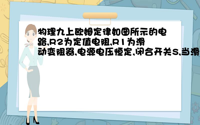 物理九上欧姆定律如图所示的电路,R2为定值电阻,R1为滑动变阻器,电源电压恒定,闭合开关S,当滑动变阻器R1的滑片P在某两点之间滑动时,电流表示数在1~2.4A范围内变化,电压表示数在7.10V范围内