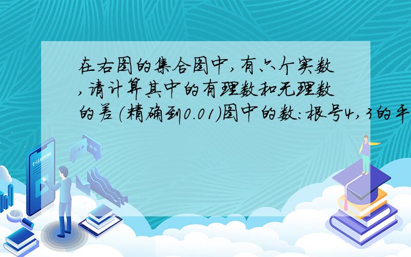 在右图的集合图中,有六个实数,请计算其中的有理数和无理数的差（精确到0.01）图中的数：根号4,3的平方,根号2分之一,π,-2的立方,根号2