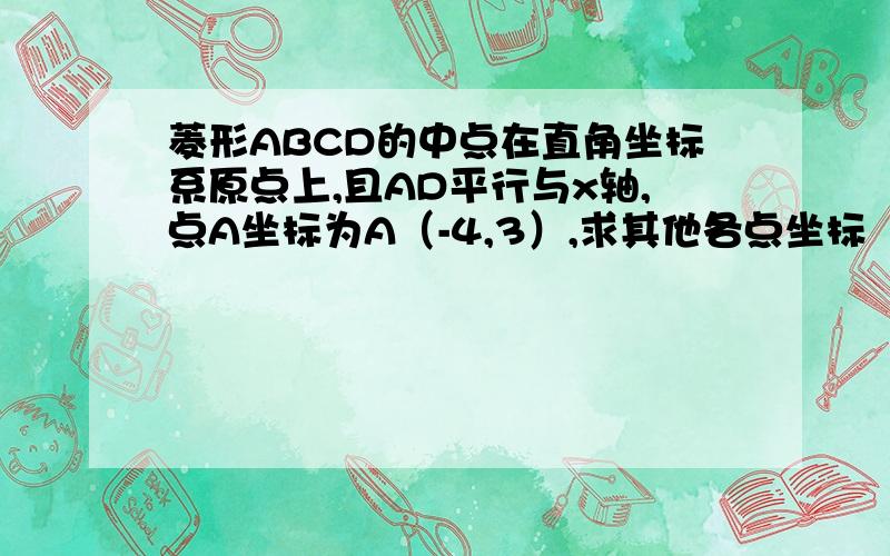 菱形ABCD的中点在直角坐标系原点上,且AD平行与x轴,点A坐标为A（-4,3）,求其他各点坐标