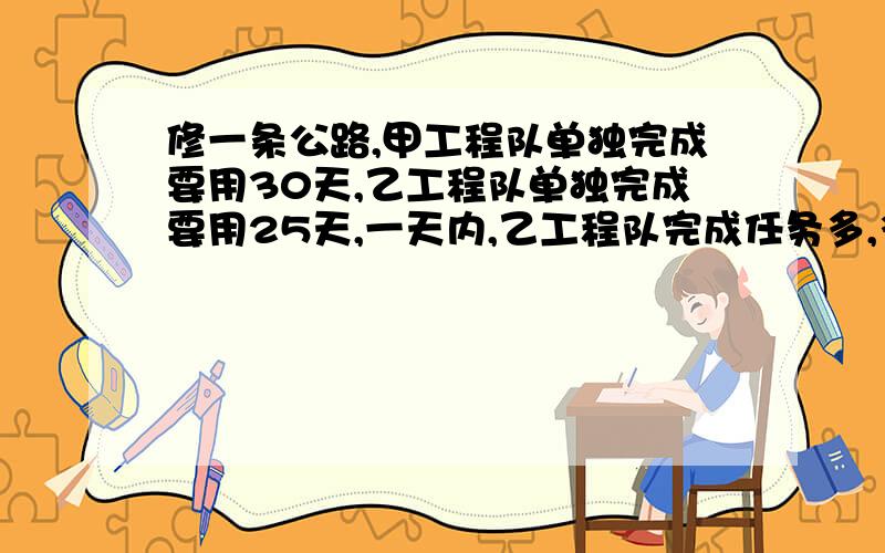 修一条公路,甲工程队单独完成要用30天,乙工程队单独完成要用25天,一天内,乙工程队完成任务多,多全部工程的多少