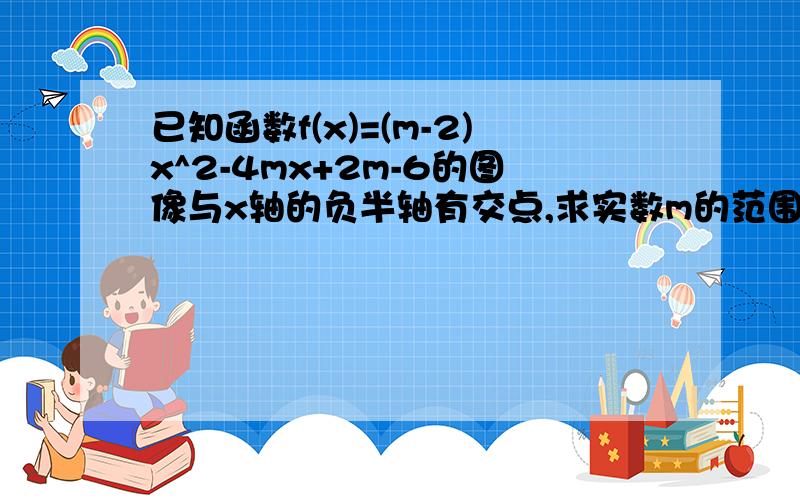 已知函数f(x)=(m-2)x^2-4mx+2m-6的图像与x轴的负半轴有交点,求实数m的范围?答案是[1,3).我想知道详细过程的这么做的原因.急.