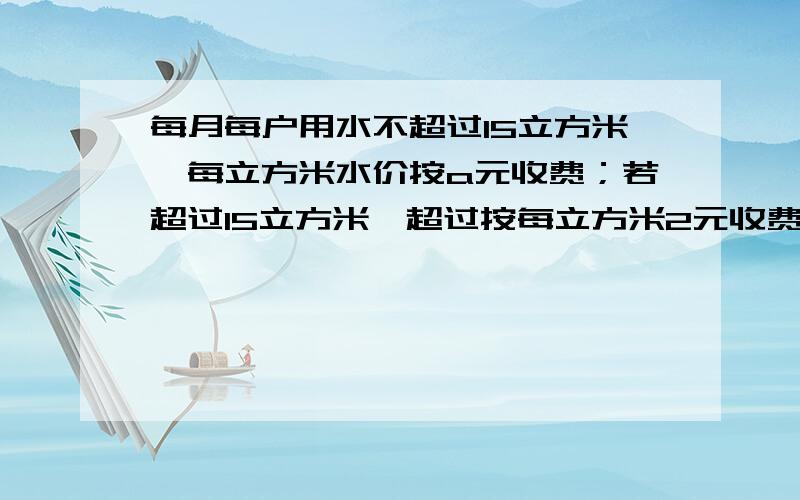 每月每户用水不超过15立方米,每立方米水价按a元收费；若超过15立方米,超过按每立方米2元收费!急列式子,谢谢!每月每户用水不超过15立方米,则每立方米水价按a元收费；若超过15立方米,超过