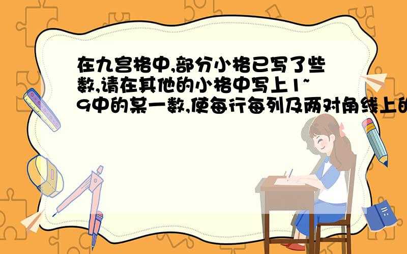 在九宫格中,部分小格已写了些数,请在其他的小格中写上1~9中的某一数,使每行每列及两对角线上的数字各不重x x x x 8 x 2 x x6 x 7 x x x x x xx x x 7 5 2 x x xx x x x x x x x xx x 6 x x x 9 x 45 x 3 x x x x x xx 1