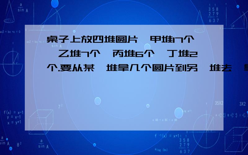 桌子上放四堆圆片,甲堆17个,乙堆7个,丙堆6个,丁堆2个.要从某一堆拿几个圆片到另一堆去,拿过去的圆片个数必须与那一堆原有的圆片个数相等.只能移动四次要是四堆圆片的个数相等.请你试一