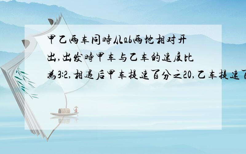 甲乙两车同时从ab两地相对开出,出发时甲车与乙车的速度比为3:2,相遇后甲车提速百分之20,乙车提速百分之30,当甲车到达b地时,乙车离a地还有28千米,ab两地相距多少千米