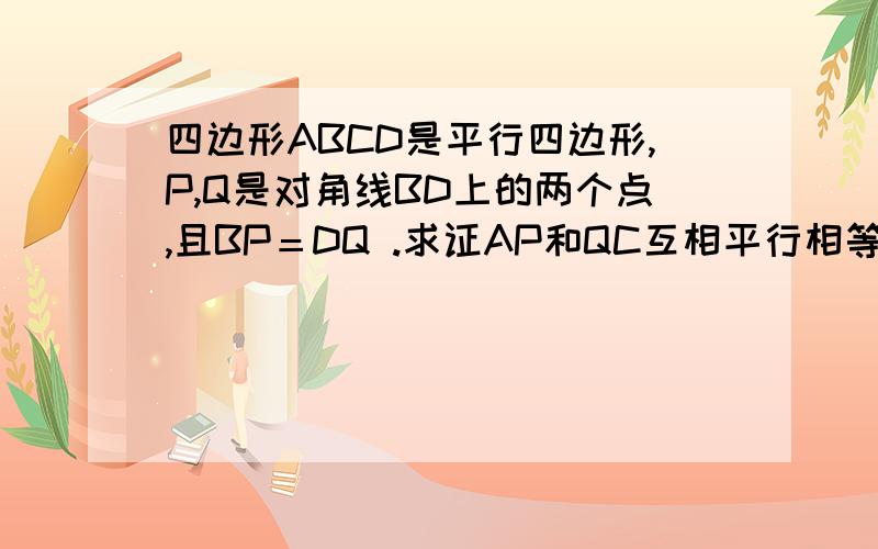 四边形ABCD是平行四边形,P,Q是对角线BD上的两个点,且BP＝DQ .求证AP和QC互相平行相等.