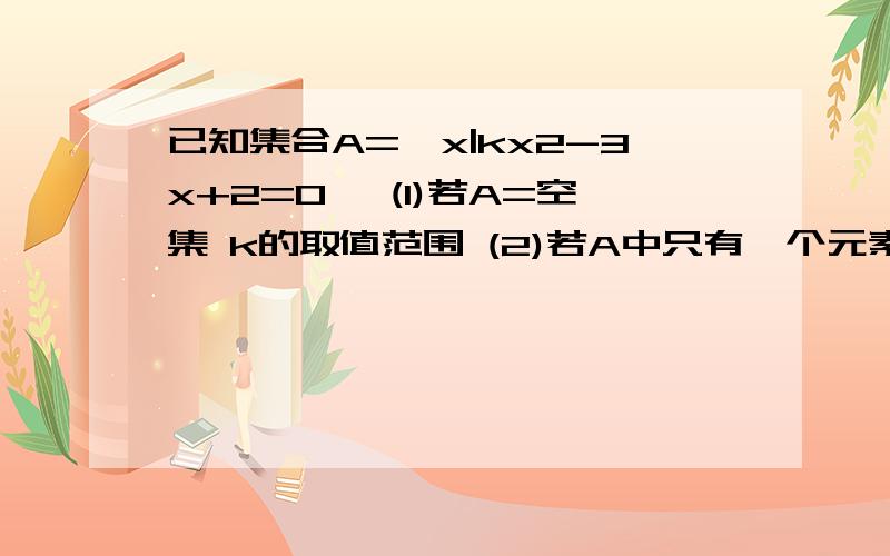 已知集合A={x|kx2-3x+2=0} (1)若A=空集 k的取值范围 (2)若A中只有一个元素求K的值及集合A