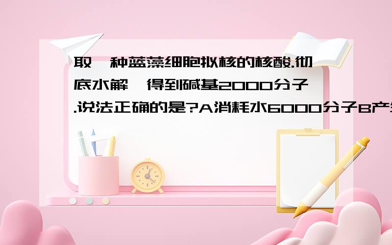 取一种蓝藻细胞拟核的核酸.彻底水解,得到碱基2000分子.说法正确的是?A消耗水6000分子B产生水5999分子C消耗水5998分子D产生水4000分子