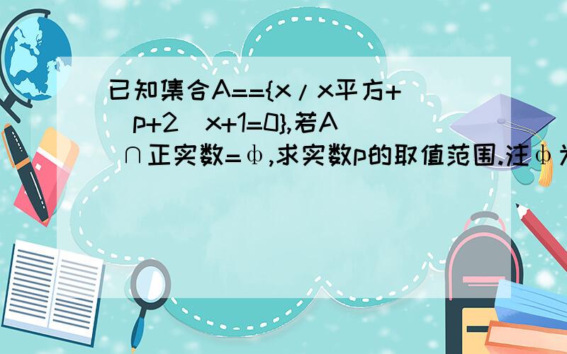 已知集合A=={x/x平方+（p+2）x+1=0},若A ∩正实数=ф,求实数p的取值范围.注ф为空集