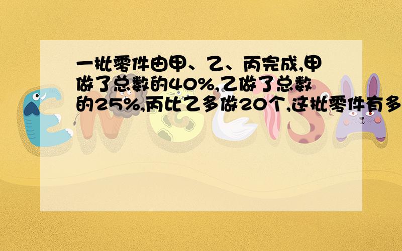 一批零件由甲、乙、丙完成,甲做了总数的40%,乙做了总数的25%,丙比乙多做20个,这批零件有多少个?