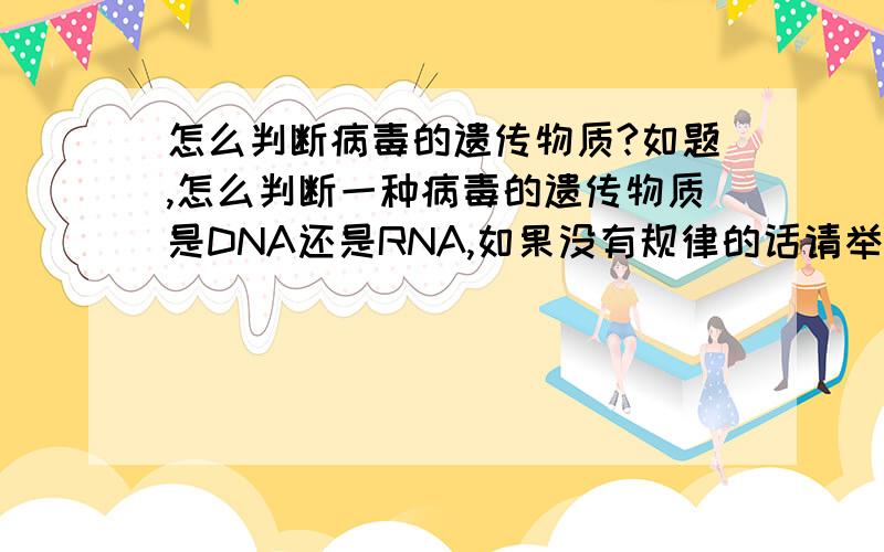 怎么判断病毒的遗传物质?如题,怎么判断一种病毒的遗传物质是DNA还是RNA,如果没有规律的话请举几种例子,哪些病毒的遗传物质是DNA,哪些的又是RNA