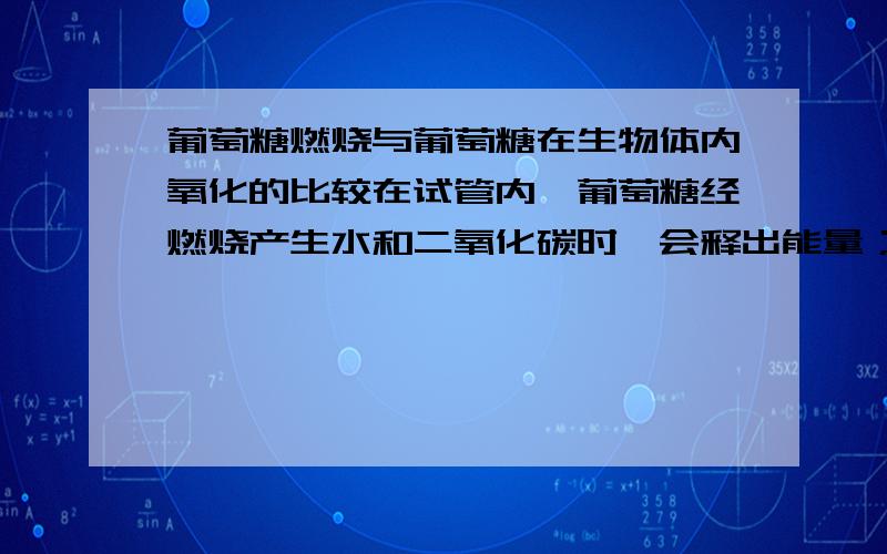 葡萄糖燃烧与葡萄糖在生物体内氧化的比较在试管内,葡萄糖经燃烧产生水和二氧化碳时,会释出能量；在生物体内,葡萄糖亦可氧化成水和二氧化碳并释出能量.下列有关等量的葡萄糖在试管或