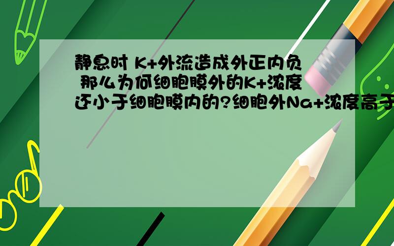 静息时 K+外流造成外正内负 那么为何细胞膜外的K+浓度还小于细胞膜内的?细胞外Na+浓度高于膜内Na+浓度吗?