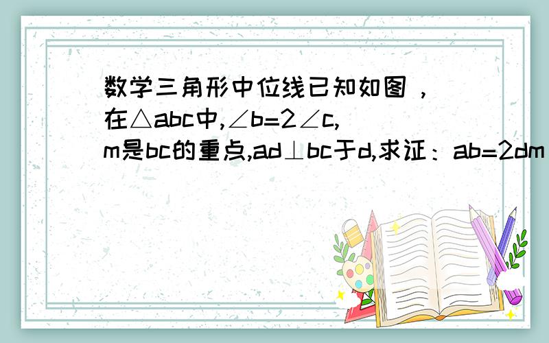 数学三角形中位线已知如图 ,在△abc中,∠b=2∠c,m是bc的重点,ad⊥bc于d,求证：ab=2dm