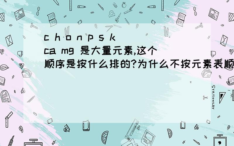 c h o n p s k ca mg 是大量元素,这个顺序是按什么排的?为什么不按元素表顺序排 比如把h排第一也不按含量多少排为什么要这样排c h o n p s k ca mg