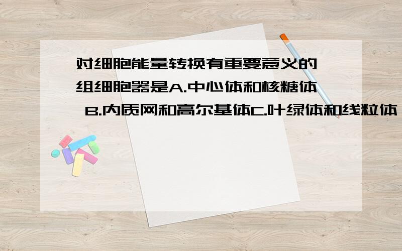 对细胞能量转换有重要意义的一组细胞器是A.中心体和核糖体 B.内质网和高尔基体C.叶绿体和线粒体 D.液泡和叶绿体