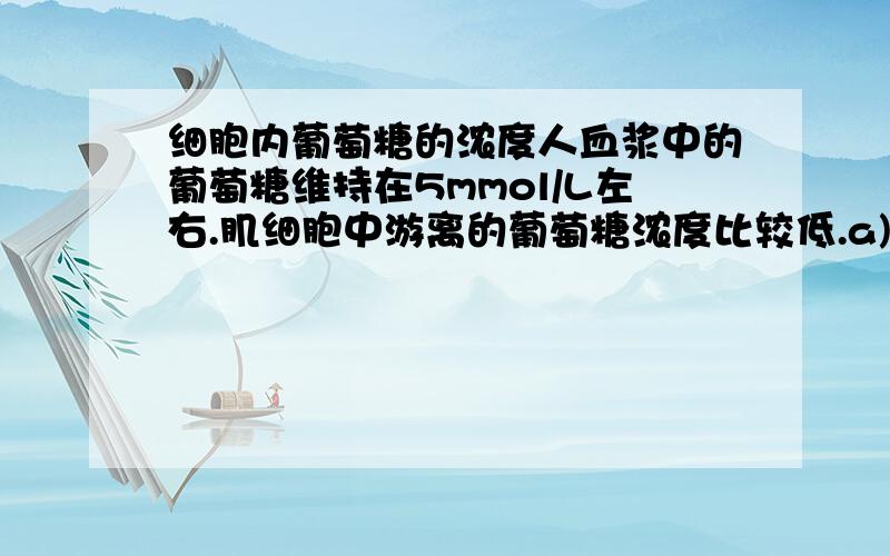 细胞内葡萄糖的浓度人血浆中的葡萄糖维持在5mmol/L左右.肌细胞中游离的葡萄糖浓度比较低.a) 为什么细胞中的葡萄糖浓度如此低?b) 葡萄糖进入细胞后会发生什么变化?c) 在某些临床情况下,葡