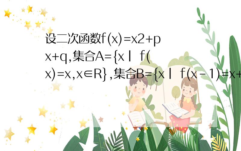 设二次函数f(x)=x2+px+q,集合A={x| f(x)=x,x∈R},集合B={x| f(x-1)=x+1,x∈R},当A={2}时,求集合B解由已知,方程x^2+px+q=x只有一个解是2.所以判别式=0且把2带进去等式成立.也就是(p-1)^2=4q且4+2p+q=2.所以(p-1)^2=4*(-