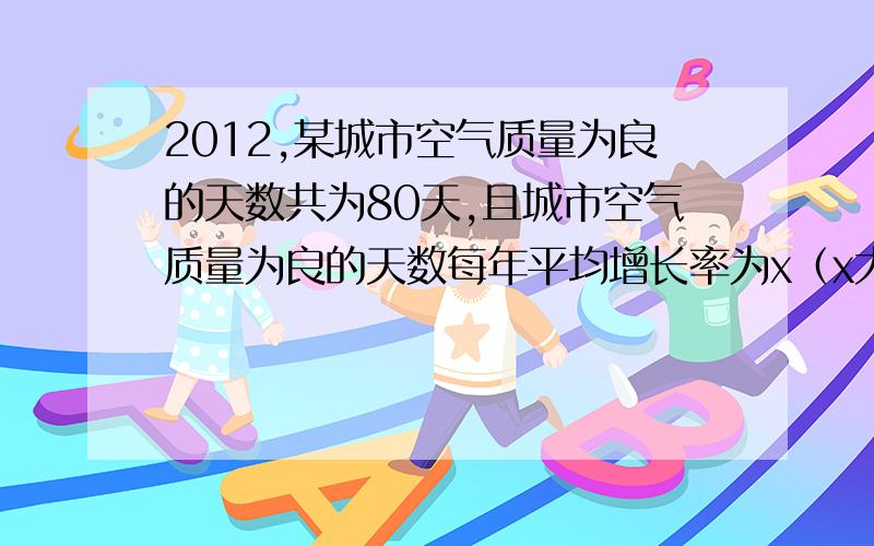 2012,某城市空气质量为良的天数共为80天,且城市空气质量为良的天数每年平均增长率为x（x大于0）.1、要使2014年空气质量为良的天数达到180天,求x.2、在（1）的条件下 求在2012年到2015年期间（