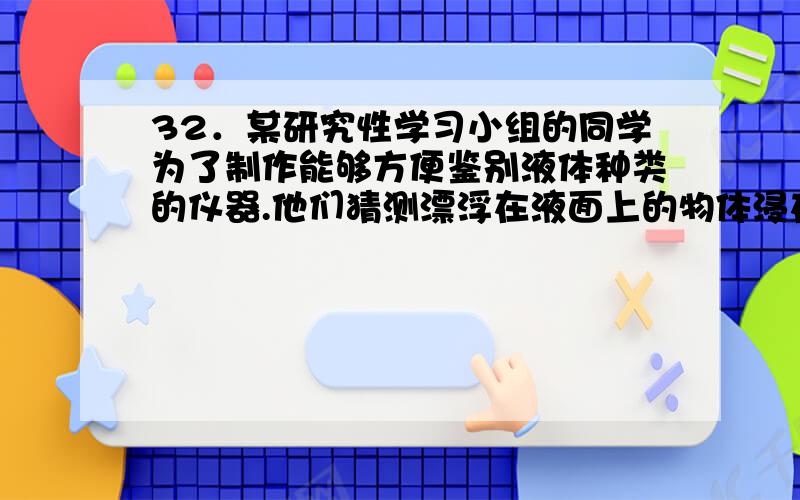 32．某研究性学习小组的同学为了制作能够方便鉴别液体种类的仪器.他们猜测漂浮在液面上的物体浸在液体中的深度可能与物体的质量、液体的种类存在着某种关系,并进行实验探究.实验时,