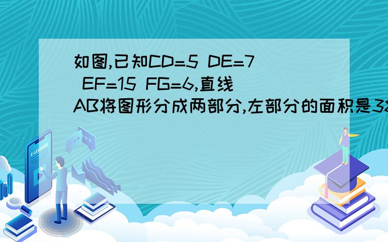 如图,已知CD=5 DE=7 EF=15 FG=6,直线AB将图形分成两部分,左部分的面积是38,右边部分的面积是65,那么（接上面的）角形ADG的面积是多少?