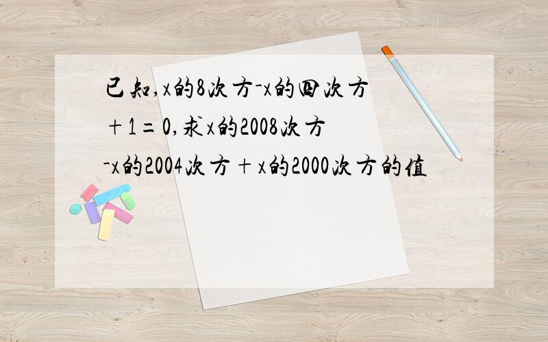 已知,x的8次方-x的四次方+1=0,求x的2008次方-x的2004次方+x的2000次方的值