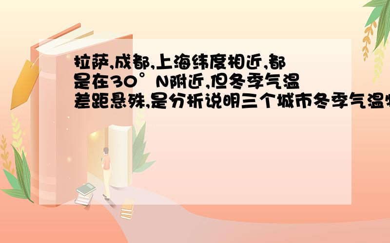 拉萨,成都,上海纬度相近,都是在30°N附近,但冬季气温差距悬殊,是分析说明三个城市冬季气温特点与原因