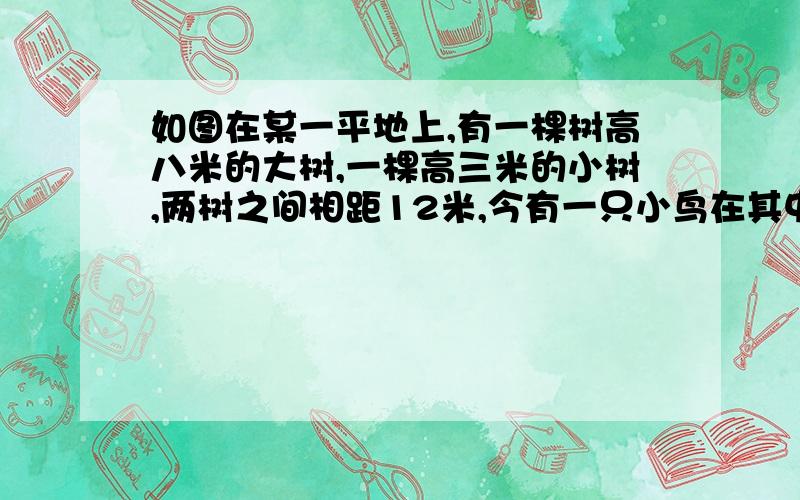 如图在某一平地上,有一棵树高八米的大树,一棵高三米的小树,两树之间相距12米,今有一只小鸟在其中一棵树梢上,要飞到另一棵树的树梢上,问它飞行的最短距离是多少