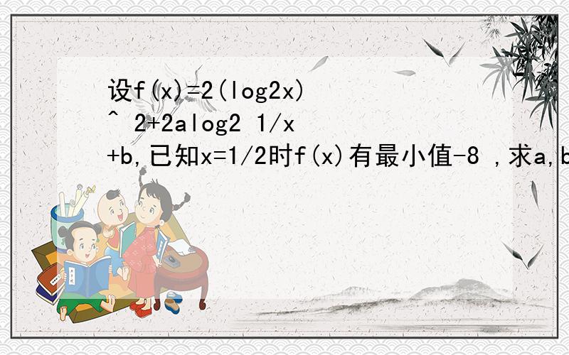 设f(x)=2(log2x)^ 2+2alog2 1/x+b,已知x=1/2时f(x)有最小值-8 ,求a,b的值