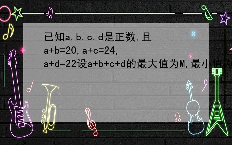 已知a.b.c.d是正数,且a+b=20,a+c=24,a+d=22设a+b+c+d的最大值为M,最小值为N,则M-N等于几?