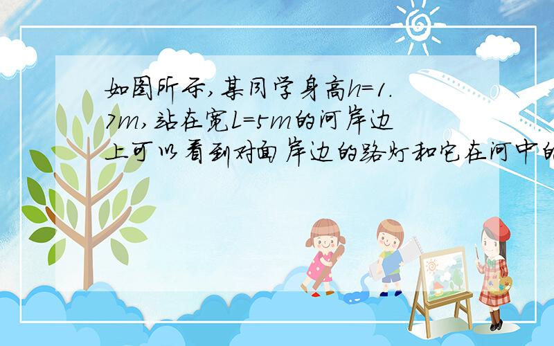 如图所示,某同学身高h=1.7m,站在宽L=5m的河岸边上可以看到对面岸边的路灯和它在河中的倒影(路灯的正下方恰为河边）.当他后退2m时,刚好看不到河中路灯的倒影,求路灯离河岸的高度H（河中水