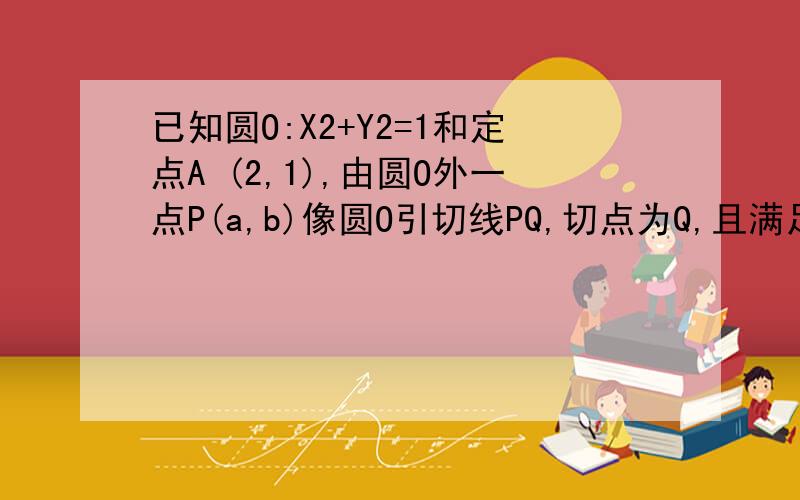 已知圆O:X2+Y2=1和定点A (2,1),由圆O外一点P(a,b)像圆O引切线PQ,切点为Q,且满足绝已知圆O：X2+Y2=1和定点A (2,1),由圆O外一点P（a,b）像圆O引切线PQ,切点为Q,且满足绝对值的PQ=绝对值的PA（1）求证：动