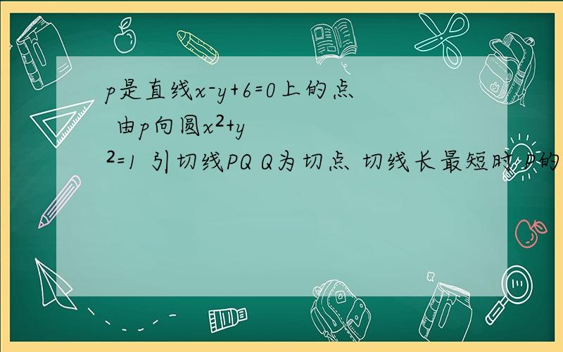 p是直线x-y+6=0上的点 由p向圆x²+y²=1 引切线PQ Q为切点 切线长最短时 P的坐标