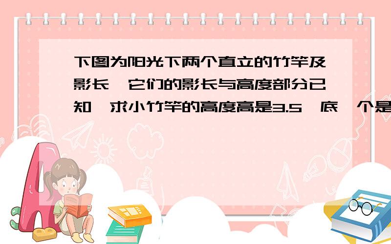 下图为阳光下两个直立的竹竿及影长,它们的影长与高度部分已知,求小竹竿的高度高是3.5,底一个是8,一个是12