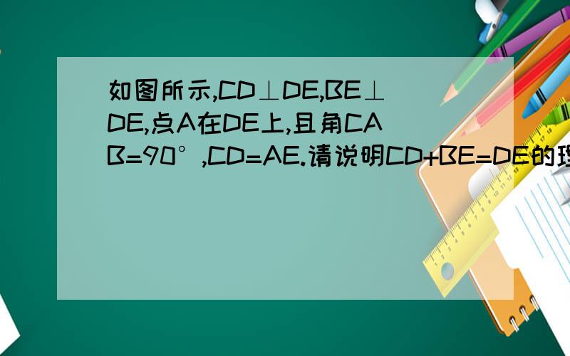 如图所示,CD⊥DE,BE⊥DE,点A在DE上,且角CAB=90°,CD=AE.请说明CD+BE=DE的理由