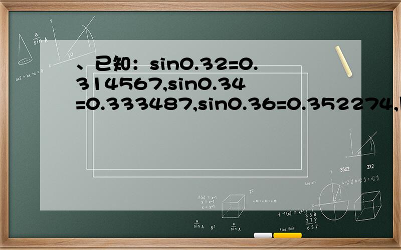 、已知：sin0.32=0.314567,sin0.34=0.333487,sin0.36=0.352274,用线性插值及 抛物插值计算 sin0.3367已知：sin0.32=0.314567,sin0.34=0.333487,sin0.36=0.352274,用线性插值及抛物插值计算 sin0.3367 的值估计截断误差.（分