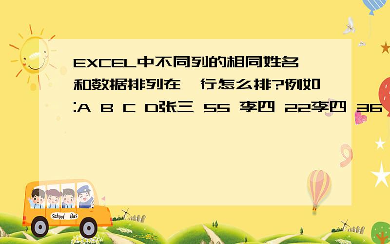 EXCEL中不同列的相同姓名和数据排列在一行怎么排?例如:A B C D张三 55 李四 22李四 36 张三 60 排列成A B C D张三 55 张三 60李四 36 李四 22A C两列不相等,长度不一样