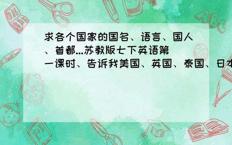 求各个国家的国名、语言、国人、首都...苏教版七下英语第一课时、告诉我美国、英国、泰国、日本、俄罗斯、中国、澳大利亚和一些比较大的国家吧、-、 要的是英文写法0 0