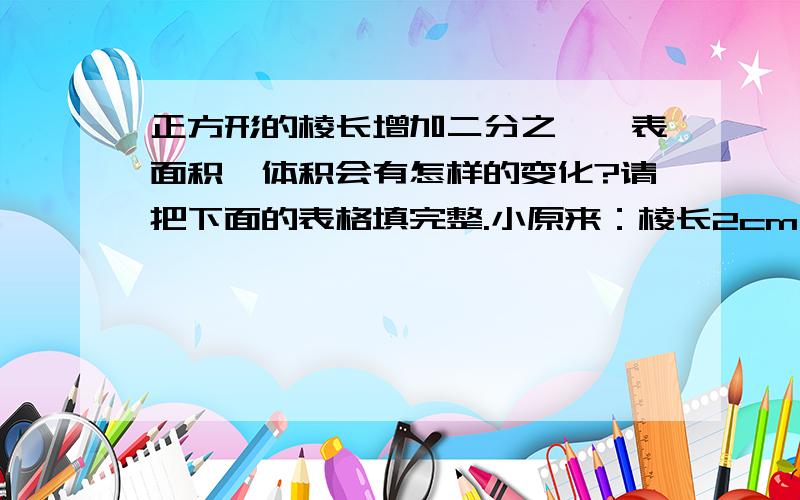 正方形的棱长增加二分之一,表面积、体积会有怎样的变化?请把下面的表格填完整.小原来：棱长2cm 表面积（）平方厘米 体积（）立方厘米现在：棱长（）cm 表面积（）平方厘米 体积（）立