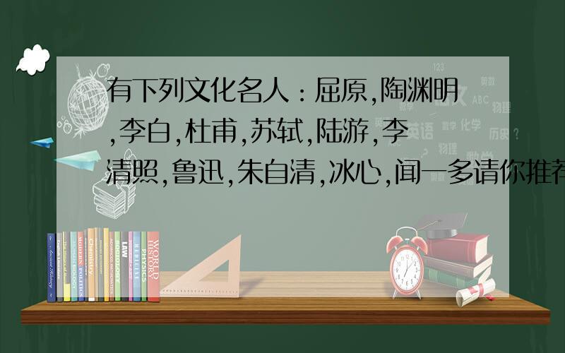 有下列文化名人：屈原,陶渊明,李白,杜甫,苏轼,陆游,李清照,鲁迅,朱自清,冰心,闻一多请你推荐每一个文化名人,请分别写出推荐的每一个文化名人理由,