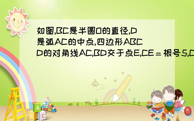 如图,BC是半圆O的直径,D是弧AC的中点,四边形ABCD的对角线AC,BD交于点E,CE＝根号5,CD＝2（1）：求直径BC的长   （2）：求弦AB的长