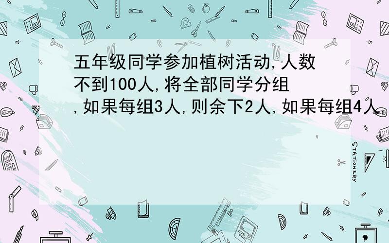 五年级同学参加植树活动,人数不到100人,将全部同学分组,如果每组3人,则余下2人,如果每组4人,则余下2人,如果每组5人,则余下2人,五年级有多少人参加植树活动?