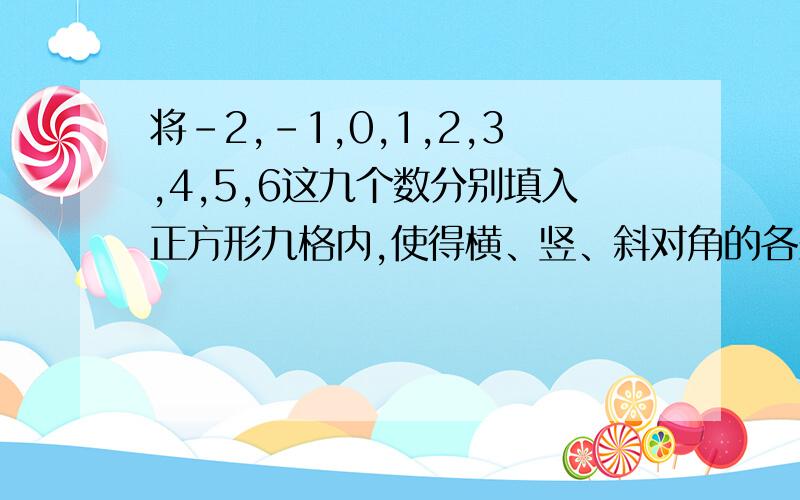 将-2,-1,0,1,2,3,4,5,6这九个数分别填入正方形九格内,使得横、竖、斜对角的各条线上三个数的和都为6.