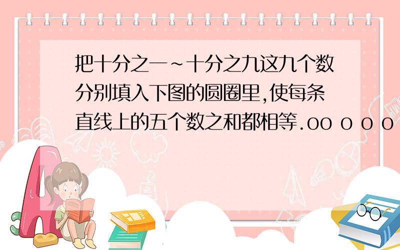 把十分之一~十分之九这九个数分别填入下图的圆圈里,使每条直线上的五个数之和都相等.oo o o o o ooo