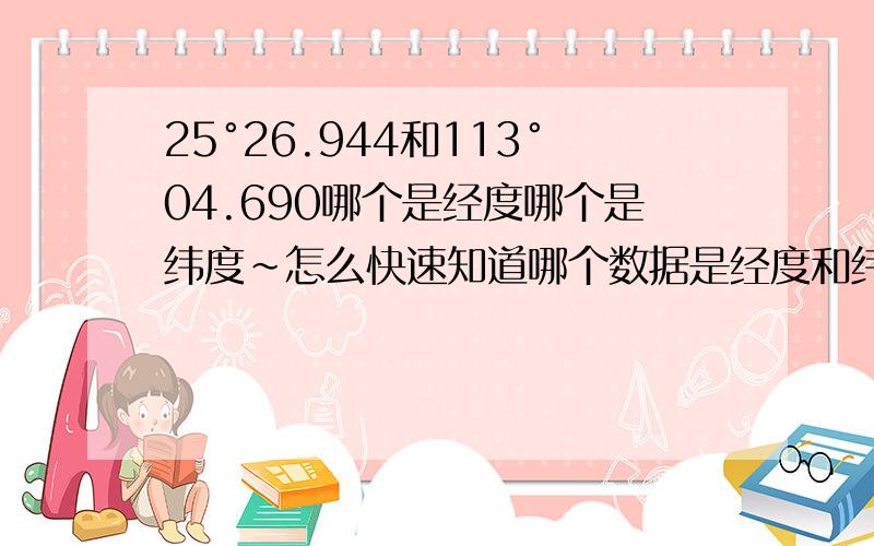 25°26.944和113°04.690哪个是经度哪个是纬度~怎么快速知道哪个数据是经度和纬度?有什么标准吗?我是新手·求教大家