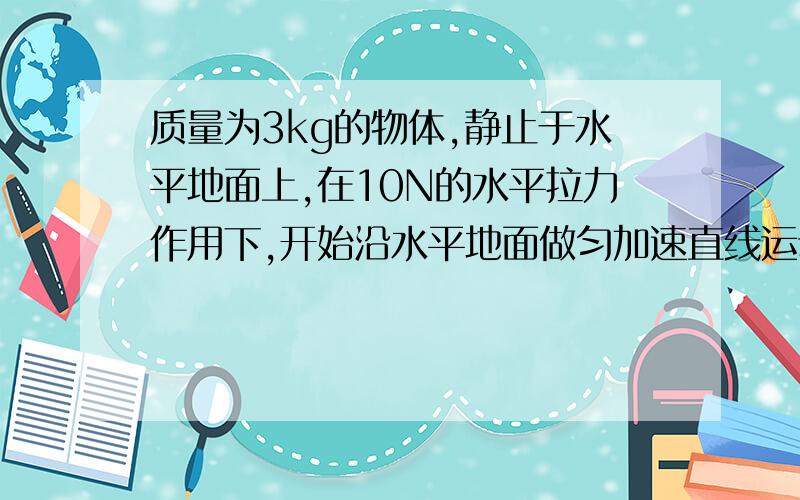 质量为3kg的物体,静止于水平地面上,在10N的水平拉力作用下,开始沿水平地面做匀加速直线运动,物体与地面间的摩擦力是4N.求：1.物体在3s末的速度大小 2.物体在3s内发生的位移大小