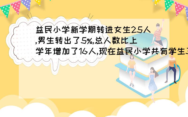 益民小学新学期转进女生25人,男生转出了5%,总人数比上学年增加了16人,现在益民小学共有学生325人,益民小学现有男女生各多少人?