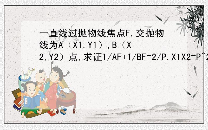 一直线过抛物线焦点F,交抛物线为A（X1,Y1）,B（X2,Y2）点,求证1/AF+1/BF=2/P.X1X2=P^2/4,YIY2=-P^2