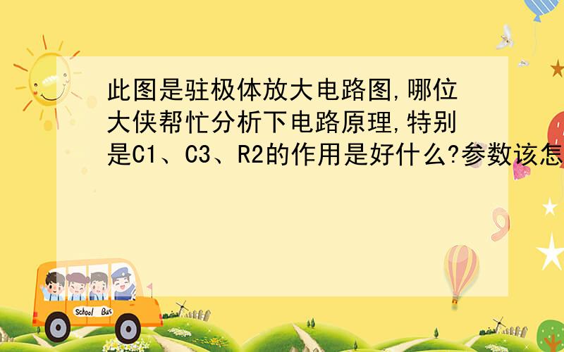 此图是驻极体放大电路图,哪位大侠帮忙分析下电路原理,特别是C1、C3、R2的作用是好什么?参数该怎设?附图